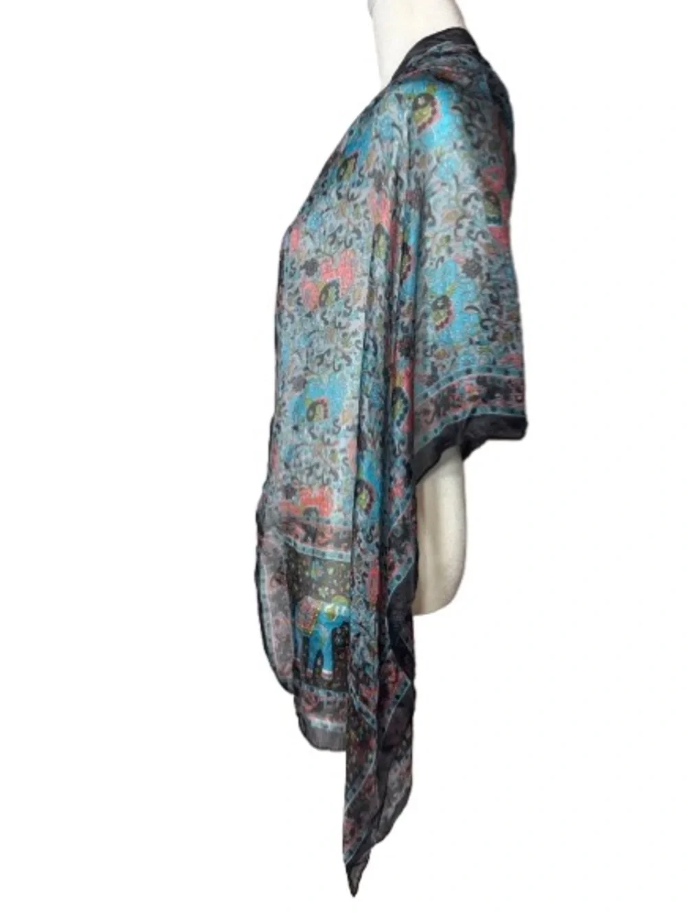 Lightweight 100% Silk Black & Blue Floral & Elephant Sheer Shawl Wrap Scarf